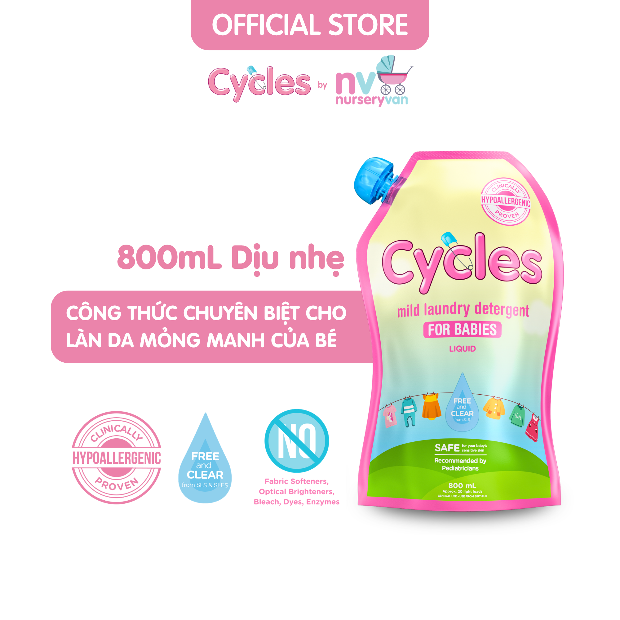 Nước giặt quần áo trẻ em Cycles Túi 800ML
